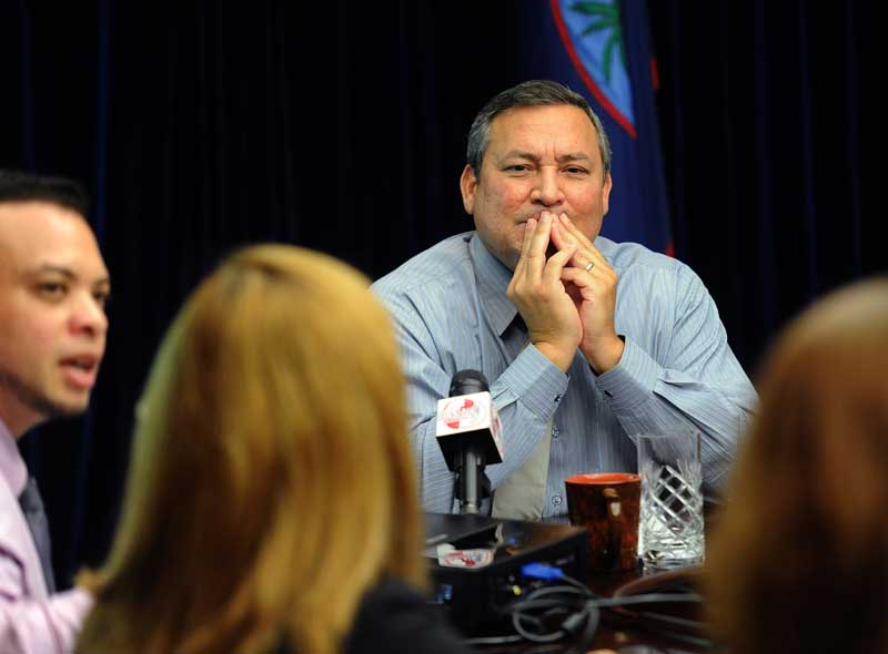 Guam Gov. Eddie Calvo meets with the group Imagine Guam, a community panel to envision the island's future in 50 years, after the U.S. military buildup is complete. Some in the group voiced concerns that American culture is overtaking the island as the military presence increases on the island of 160,000 residents. (Tiffany Tompkins-Condie, McClatchy.)