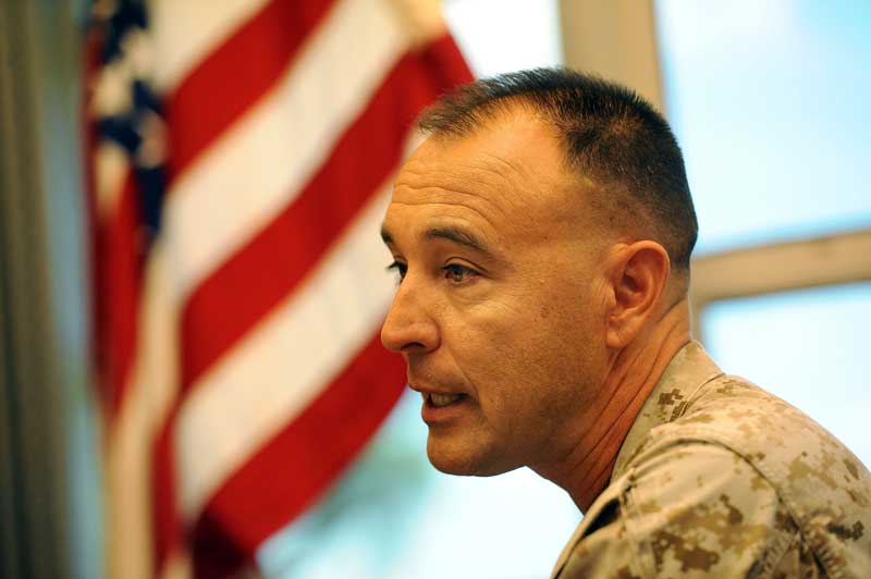 Col. Peter Lee, Commander of Marine Corps Air Station Futenma, says the aircraft at Futenma aren't participating in challenging training maneuvers over the city, and that the aircraft are departing and arriving from training at other locations. (Tiffany Tompkins-Condie, McClatchy.)