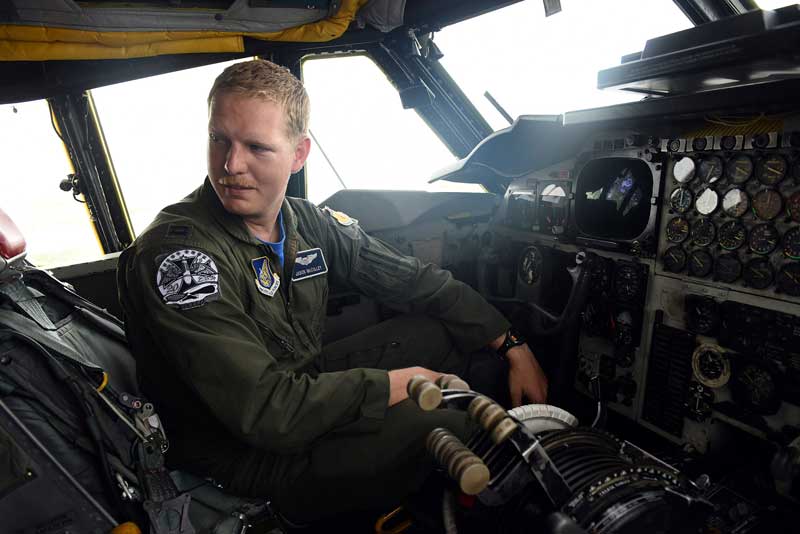Aircraft commander Capt. Jason McCulley of Yelm sits in the cockpit of a B-52 bomber at Andersen Air Force Base in northern Guam, where construction is underway to modernize the base, located at the northern end of the island. (Tiffany Tompkins-Condie, McClatchy.)