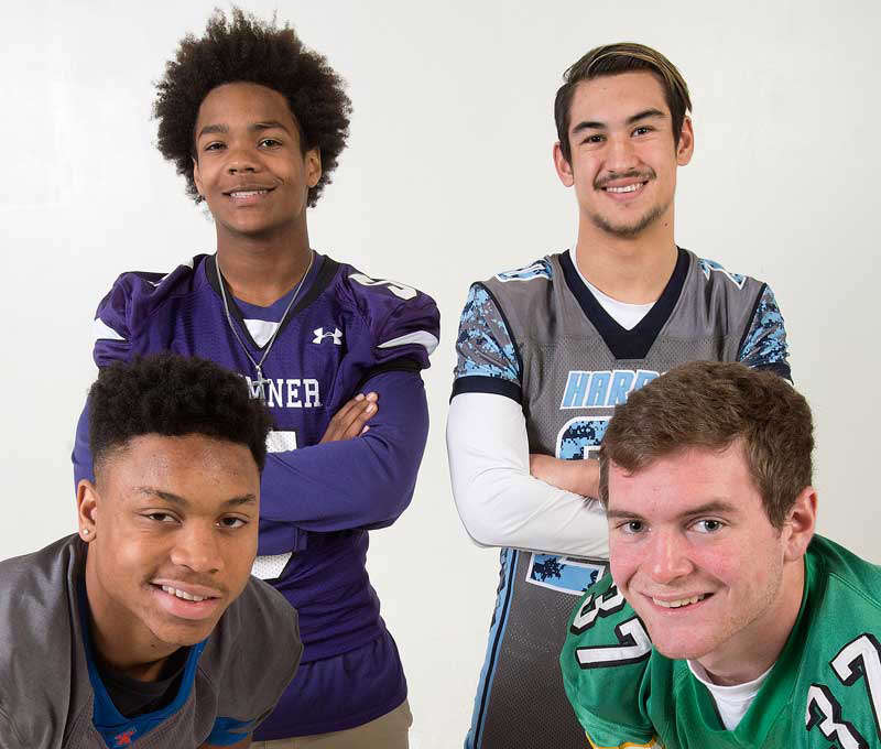 Aaron Wright, Graham-Kapowsin, clockwise from left; Connor Weddington, Sumner; Kale Wong, Gig Harbor; Griffin Shea, Tumwater. (Lui Kit Wong, staff photographer.)