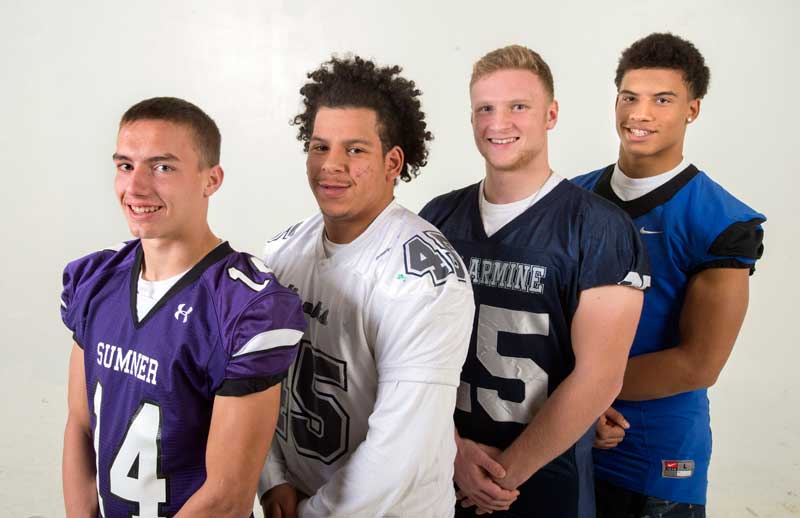 Josh Riley, Sumner, from left; Zach Carter, River Ridge; Erick Glueck, Bellarmine Prep; and Andrzej Hughes-Murray, Federal Way. (Lui Kit Wong, staff photographer.)
