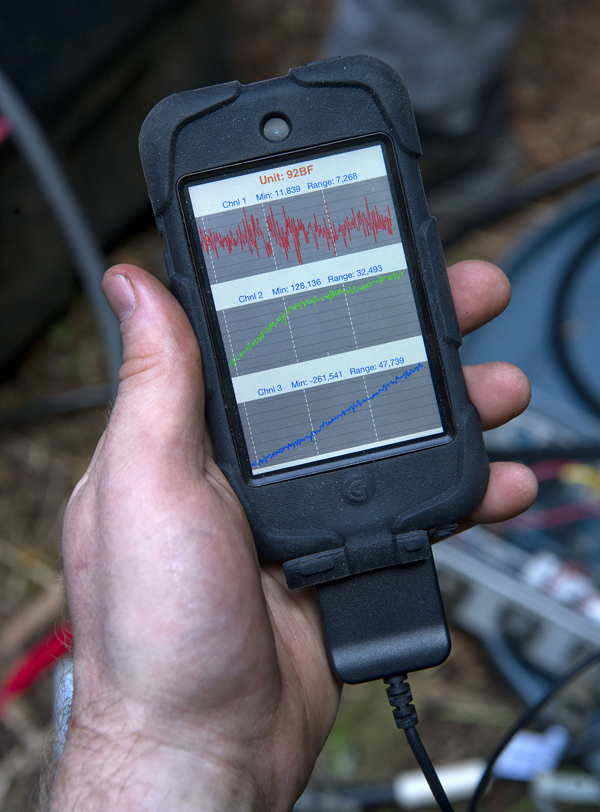 A seismic monitor measures the vertical and horizontal movement of the ground. (Dean J. Koepfler, staff file, 2014.)